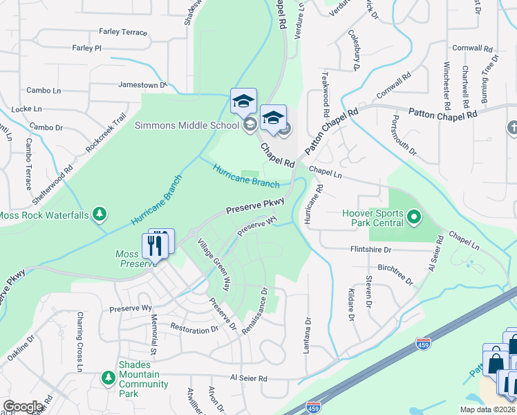 map of restaurants, bars, coffee shops, grocery stores, and more near Preserve Parkway in Hoover