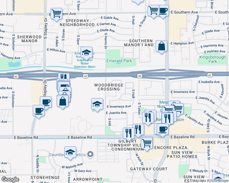 map of restaurants, bars, coffee shops, grocery stores, and more near 1653 South Harris Drive in Mesa