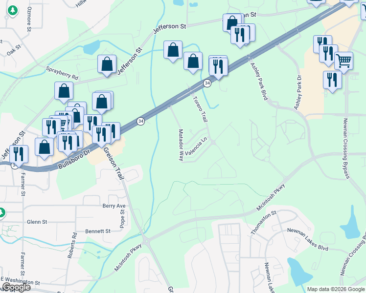 map of restaurants, bars, coffee shops, grocery stores, and more near 3 Madrid Avenue in Newnan