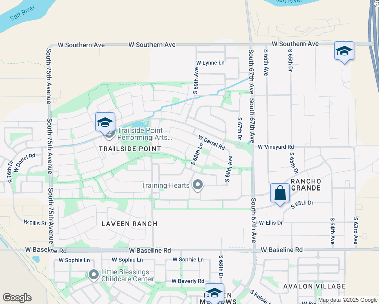 map of restaurants, bars, coffee shops, grocery stores, and more near 6831 South 68th Glen in Phoenix