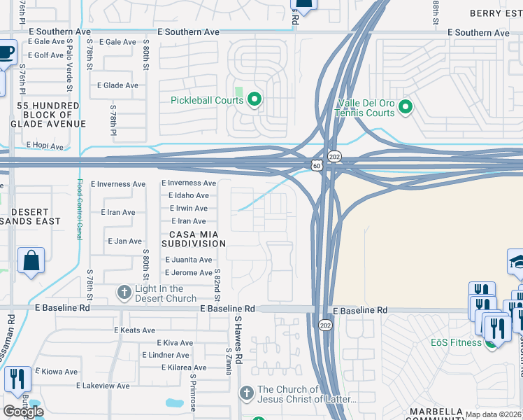 map of restaurants, bars, coffee shops, grocery stores, and more near 1702 South 83rd Place in Mesa