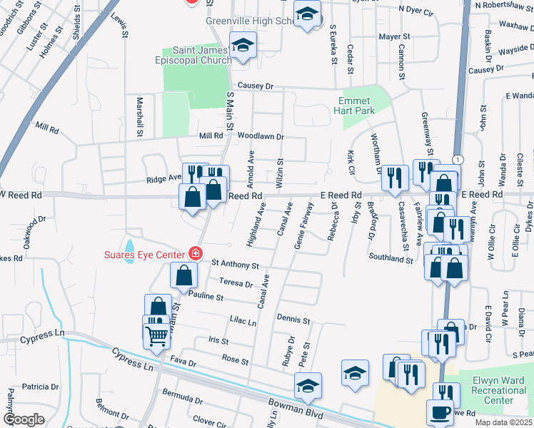 map of restaurants, bars, coffee shops, grocery stores, and more near 309 Neff Street in Greenville