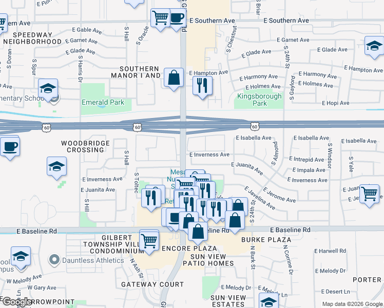 map of restaurants, bars, coffee shops, grocery stores, and more near 2027 East Inverness Avenue in Mesa