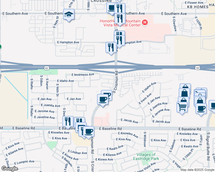map of restaurants, bars, coffee shops, grocery stores, and more near 1650 South Crismon Road in Mesa