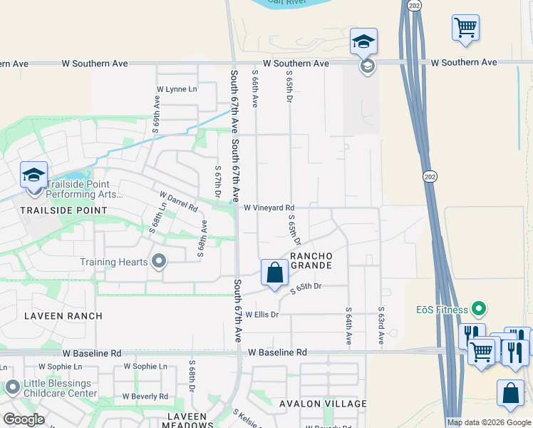 map of restaurants, bars, coffee shops, grocery stores, and more near 6820 South 66th Avenue in Maricopa County