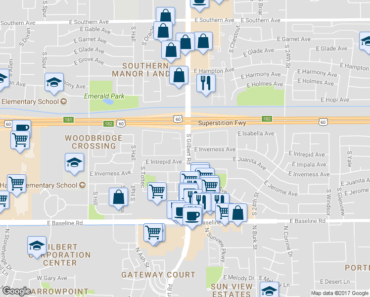 map of restaurants, bars, coffee shops, grocery stores, and more near 1710 South Gilbert Road in Mesa