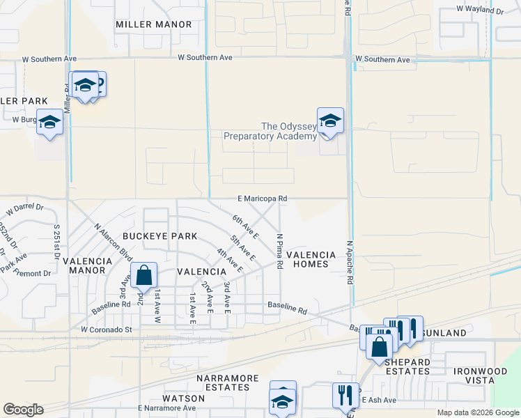 map of restaurants, bars, coffee shops, grocery stores, and more near 115 7th Avenue East in Buckeye