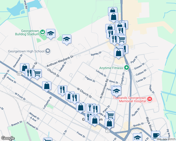 map of restaurants, bars, coffee shops, grocery stores, and more near 2107 Legion Street in Georgetown