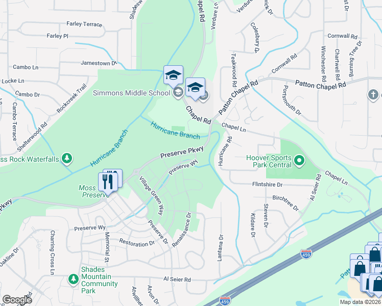 map of restaurants, bars, coffee shops, grocery stores, and more near Preserve Parkway in Hoover