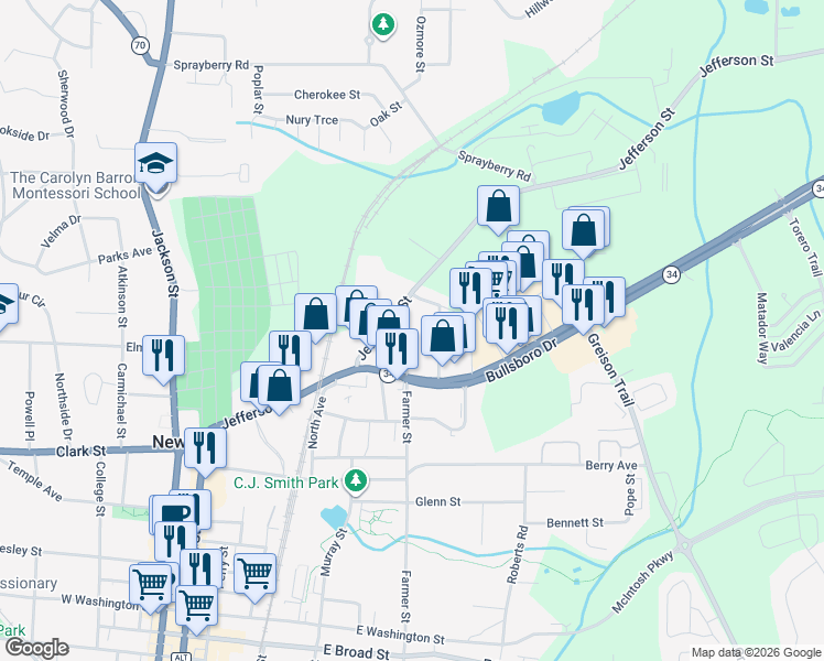 map of restaurants, bars, coffee shops, grocery stores, and more near 16 Farmer Street in Newnan