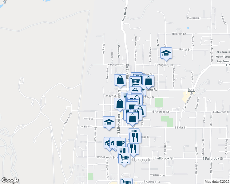map of restaurants, bars, coffee shops, grocery stores, and more near 315 North Mission Road in Fallbrook