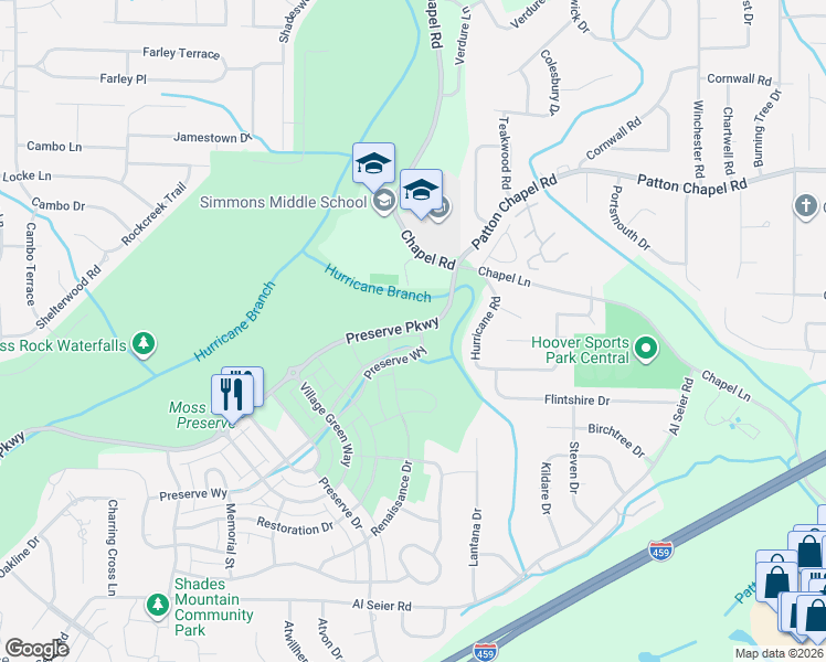 map of restaurants, bars, coffee shops, grocery stores, and more near Preserve Parkway in Hoover