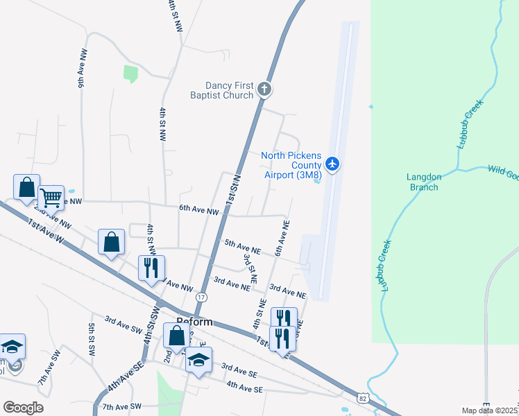 map of restaurants, bars, coffee shops, grocery stores, and more near 604 3rd Street Northeast in Reform