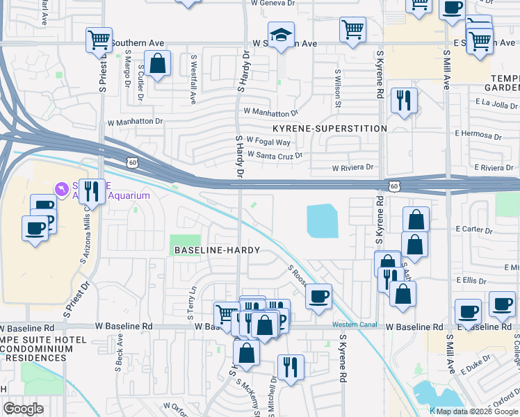 map of restaurants, bars, coffee shops, grocery stores, and more near 4505 South Hardy Drive in Tempe
