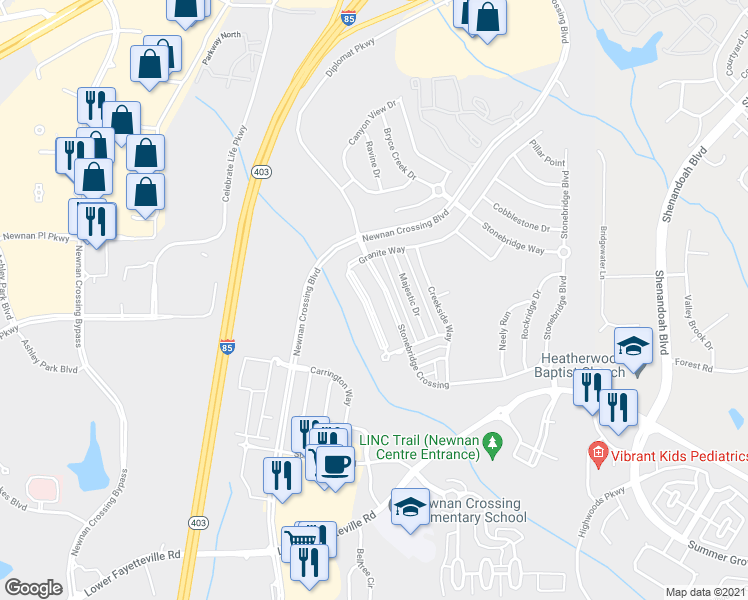 map of restaurants, bars, coffee shops, grocery stores, and more near 150 Granite Way in Newnan