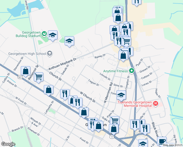 map of restaurants, bars, coffee shops, grocery stores, and more near 2107 Legion Street in Georgetown