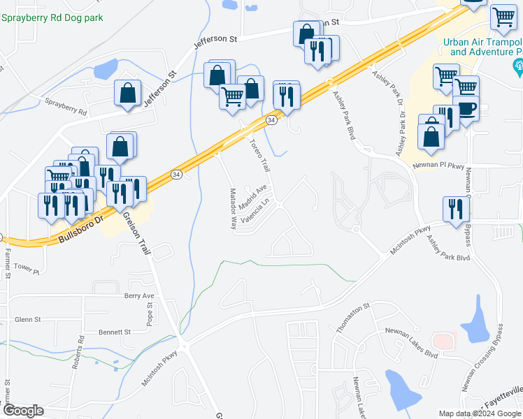 map of restaurants, bars, coffee shops, grocery stores, and more near 25 Valencia Lane in Newnan