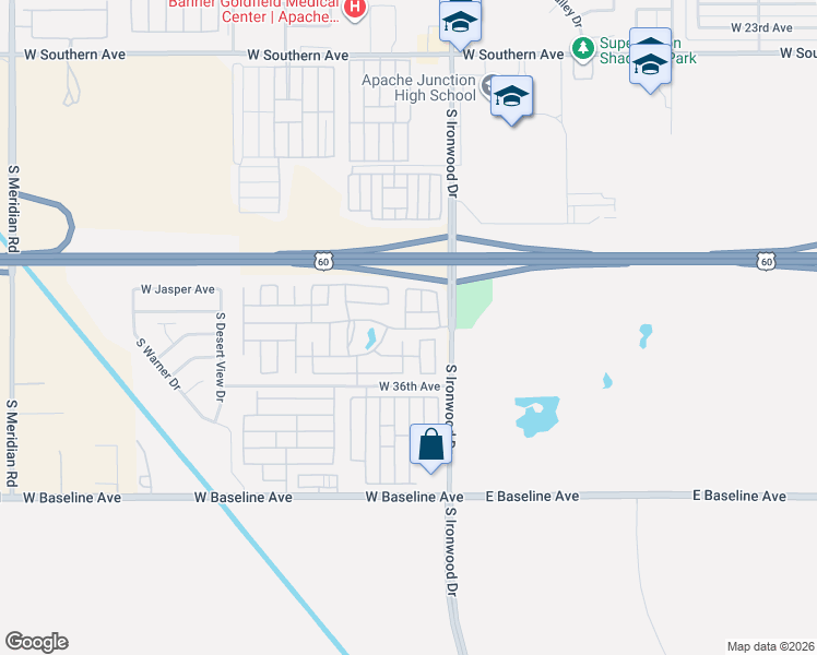 map of restaurants, bars, coffee shops, grocery stores, and more near 3370 N Ironwood Dr in Apache Junction