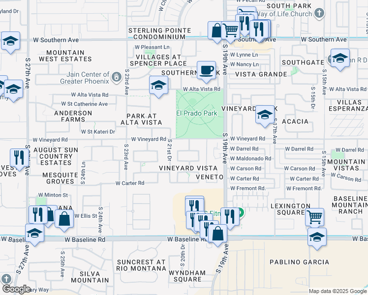 map of restaurants, bars, coffee shops, grocery stores, and more near 2024 West Darrel Road in Phoenix