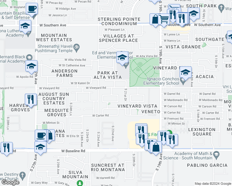 map of restaurants, bars, coffee shops, grocery stores, and more near 2134 West Darrel Road in Phoenix