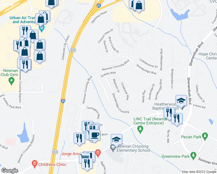 map of restaurants, bars, coffee shops, grocery stores, and more near 145 Stonebridge Crossing in Newnan