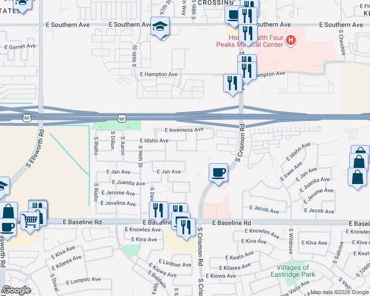 map of restaurants, bars, coffee shops, grocery stores, and more near 9733 East Irwin Avenue in Mesa