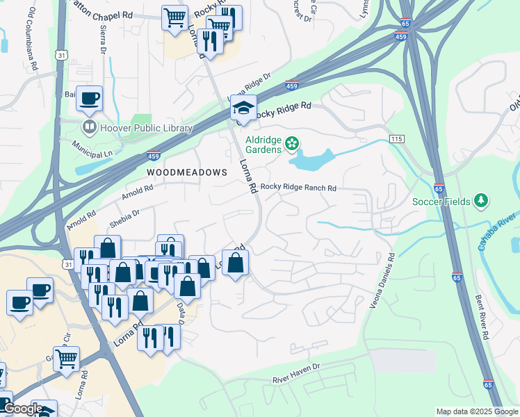 map of restaurants, bars, coffee shops, grocery stores, and more near 3565 Lorna Road in Birmingham