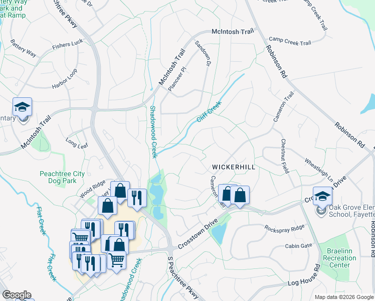 map of restaurants, bars, coffee shops, grocery stores, and more near 116 Pheasant Ridge in Peachtree City
