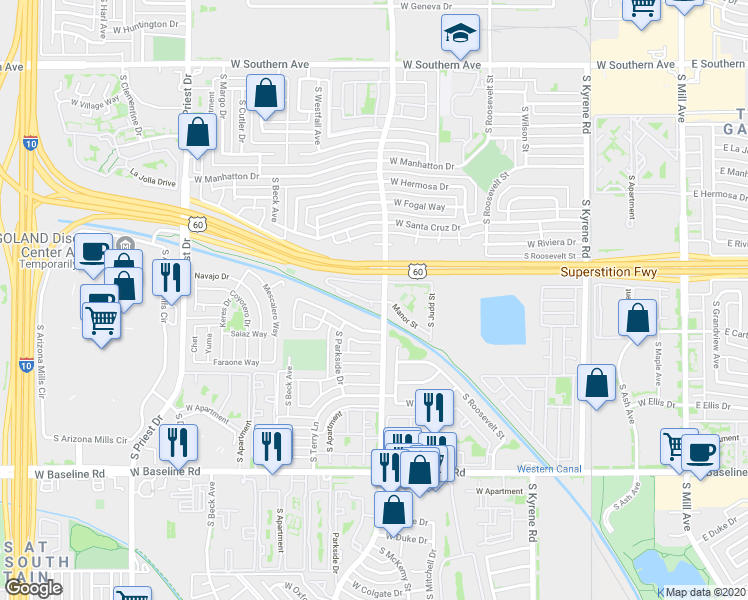 map of restaurants, bars, coffee shops, grocery stores, and more near 4502 South Hardy Drive in Tempe