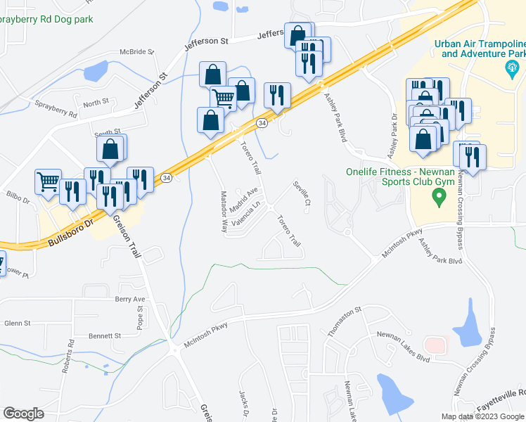 map of restaurants, bars, coffee shops, grocery stores, and more near 68 Matador Way in Newnan