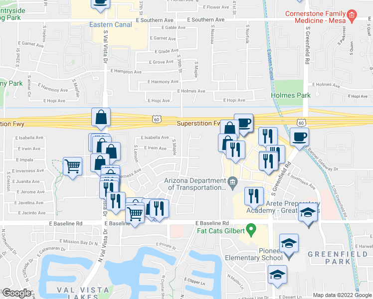 map of restaurants, bars, coffee shops, grocery stores, and more near 90 East Inverness Avenue in Mesa