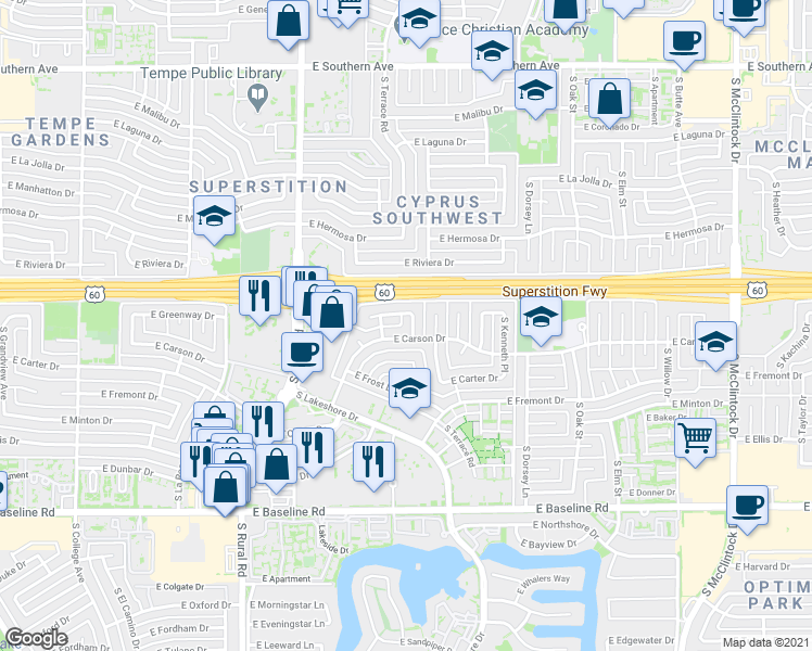 map of restaurants, bars, coffee shops, grocery stores, and more near 1066 East Carson Drive in Tempe