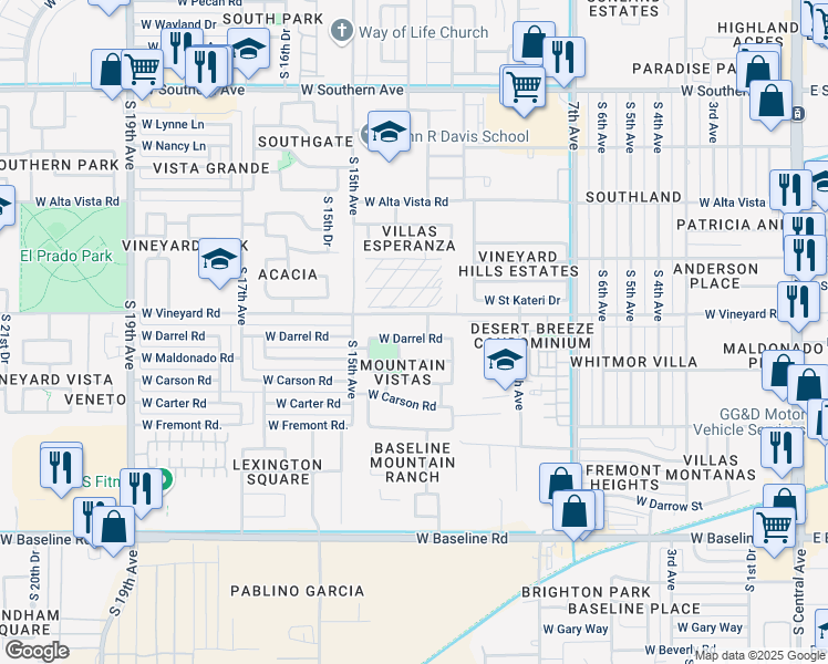 map of restaurants, bars, coffee shops, grocery stores, and more near 1205 West Darrel Road in Phoenix