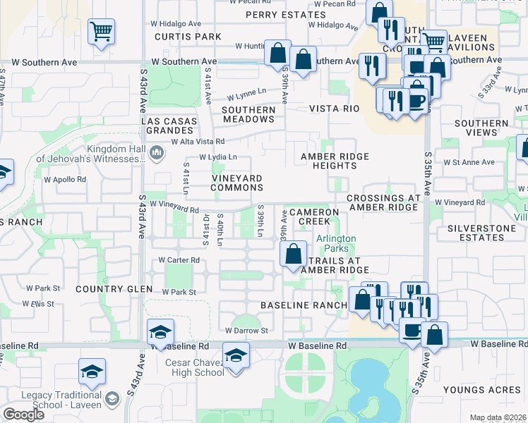 map of restaurants, bars, coffee shops, grocery stores, and more near 6814 South 39th Drive in Phoenix