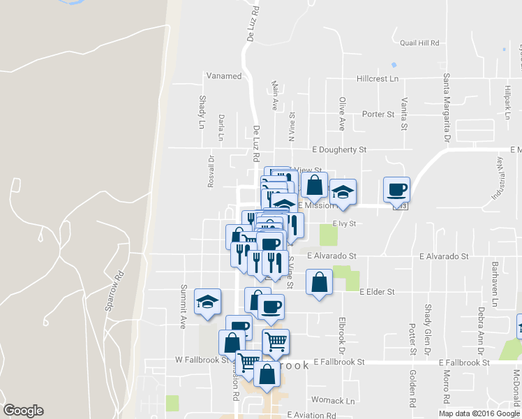 map of restaurants, bars, coffee shops, grocery stores, and more near 127 West Ivy Street in Fallbrook