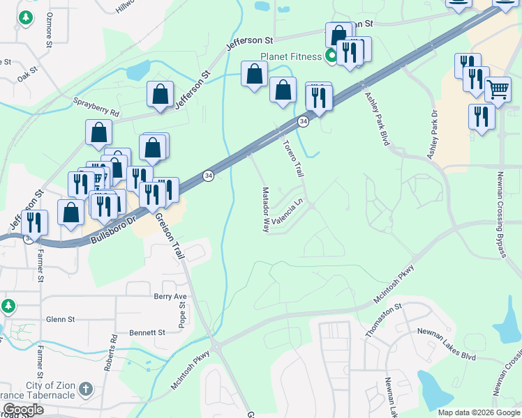 map of restaurants, bars, coffee shops, grocery stores, and more near 15 Matador Way in Newnan