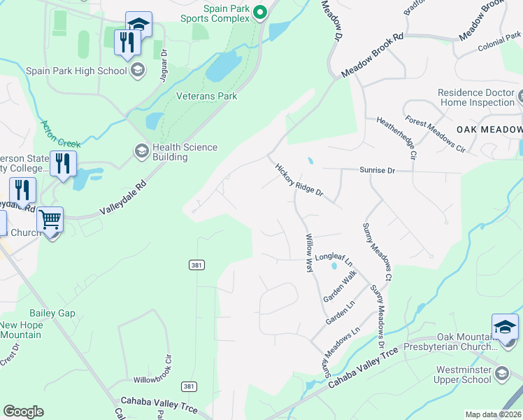 map of restaurants, bars, coffee shops, grocery stores, and more near 3215 Mountain Ridge Circle in Birmingham