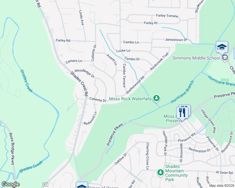 map of restaurants, bars, coffee shops, grocery stores, and more near 136 Caliente Drive in Birmingham