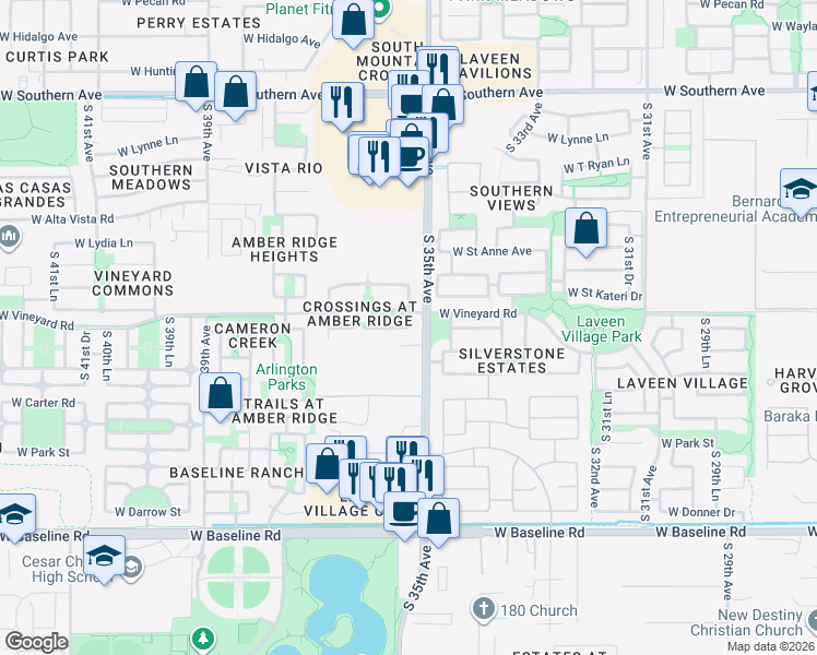 map of restaurants, bars, coffee shops, grocery stores, and more near 7328 South 35th Drive in Phoenix