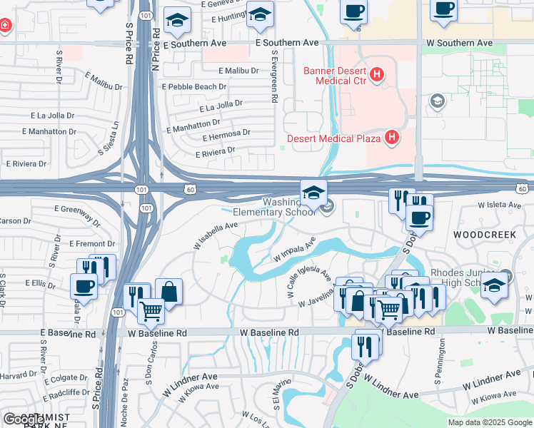 map of restaurants, bars, coffee shops, grocery stores, and more near 1703 South Azucena Circle in Mesa