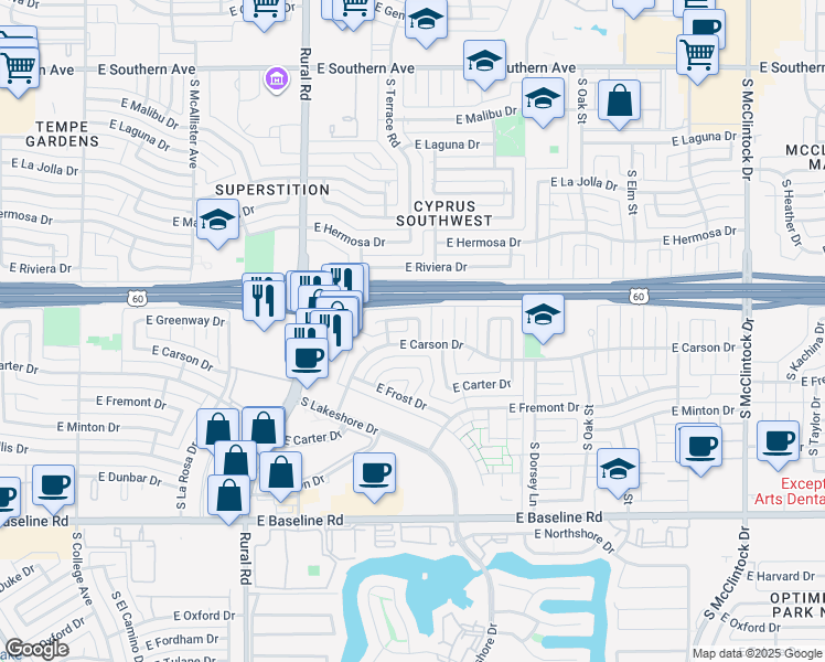 map of restaurants, bars, coffee shops, grocery stores, and more near 1066 East Carson Drive in Tempe