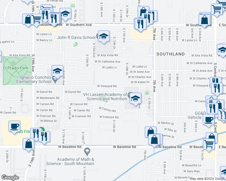 map of restaurants, bars, coffee shops, grocery stores, and more near 1214 West Darrel Road in Phoenix