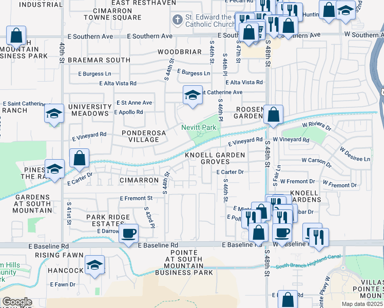 map of restaurants, bars, coffee shops, grocery stores, and more near 6822 South 45th Place in Phoenix