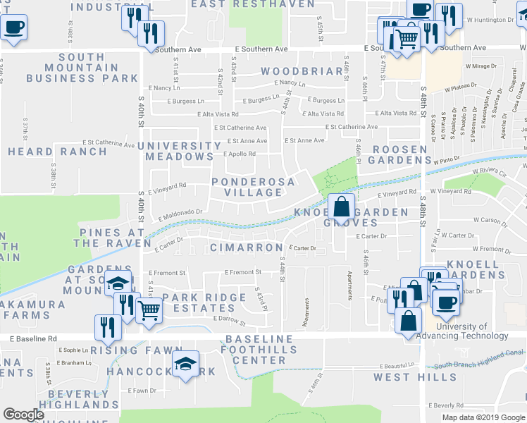 map of restaurants, bars, coffee shops, grocery stores, and more near 6841 South 43rd Street in Phoenix