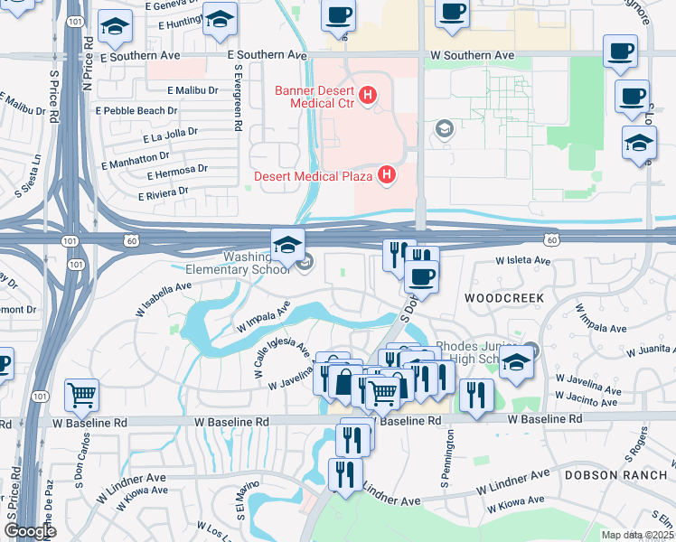 map of restaurants, bars, coffee shops, grocery stores, and more near 2146 West Isabella Avenue in Mesa