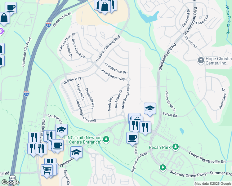 map of restaurants, bars, coffee shops, grocery stores, and more near 67 Neely Run in Newnan