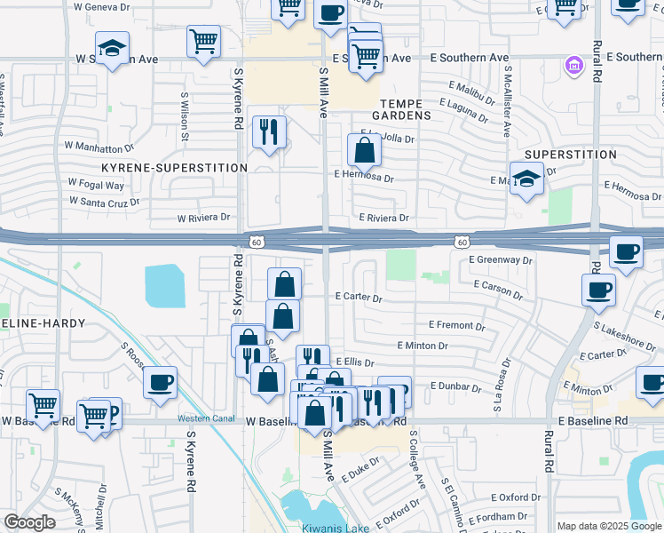 map of restaurants, bars, coffee shops, grocery stores, and more near 4569 South Mill Avenue in Tempe
