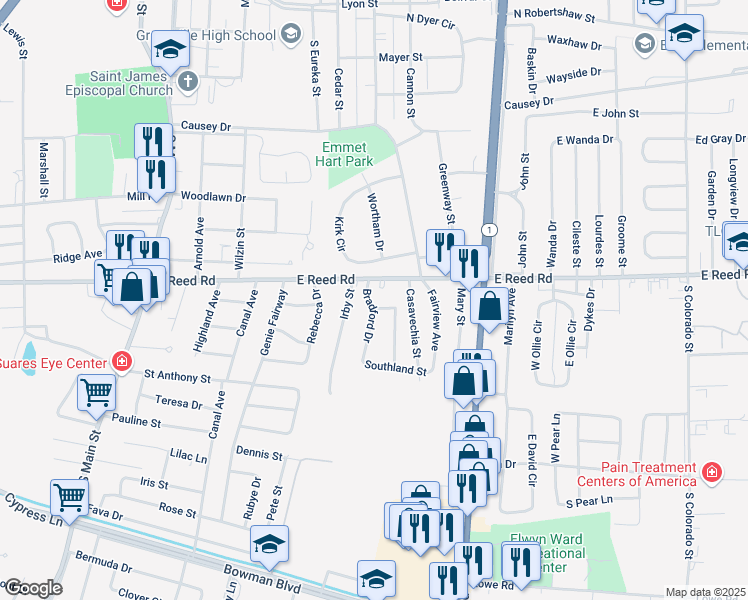 map of restaurants, bars, coffee shops, grocery stores, and more near 1435 Bradford Drive in Greenville