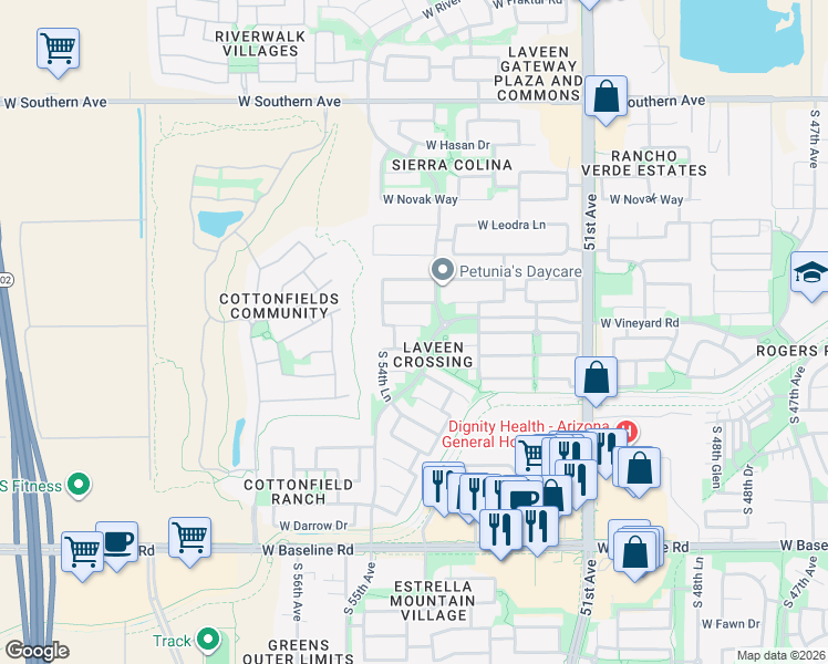 map of restaurants, bars, coffee shops, grocery stores, and more near 5415 West Shumway Farm Road in Phoenix