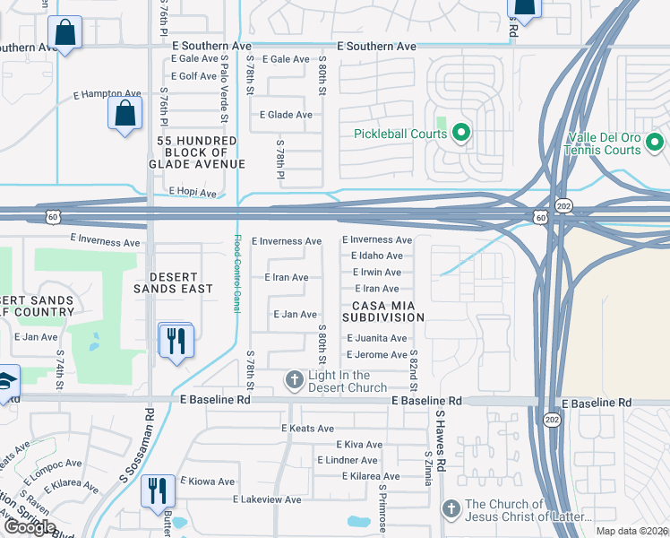 map of restaurants, bars, coffee shops, grocery stores, and more near 1652 South 80th Place in Mesa